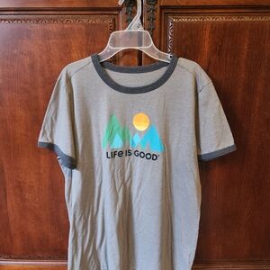 Life Is Good Grey Tee with Green & Blue Mountain Graphic and Yellow Sun